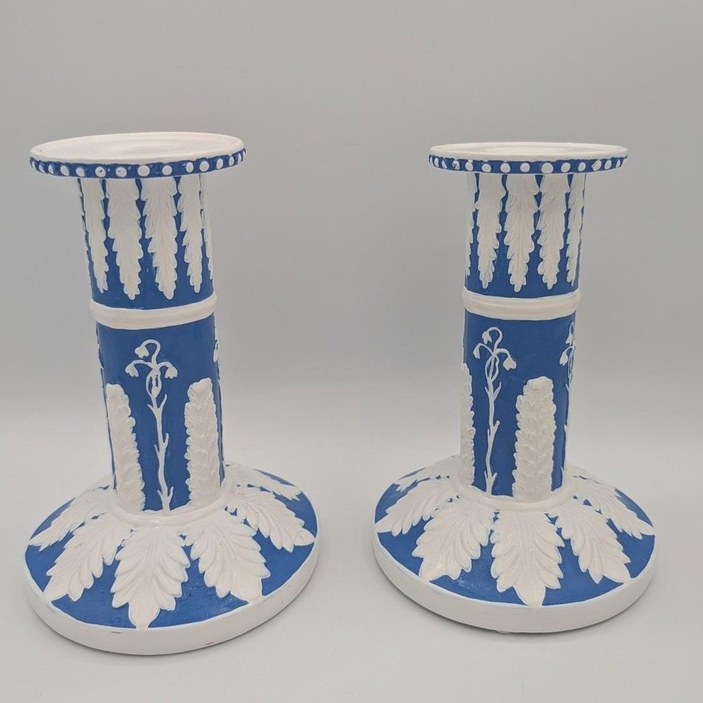 Camrose & Kross Jackie Kennedy JBK Blue White Ceramic Candlestick Holders Set 2